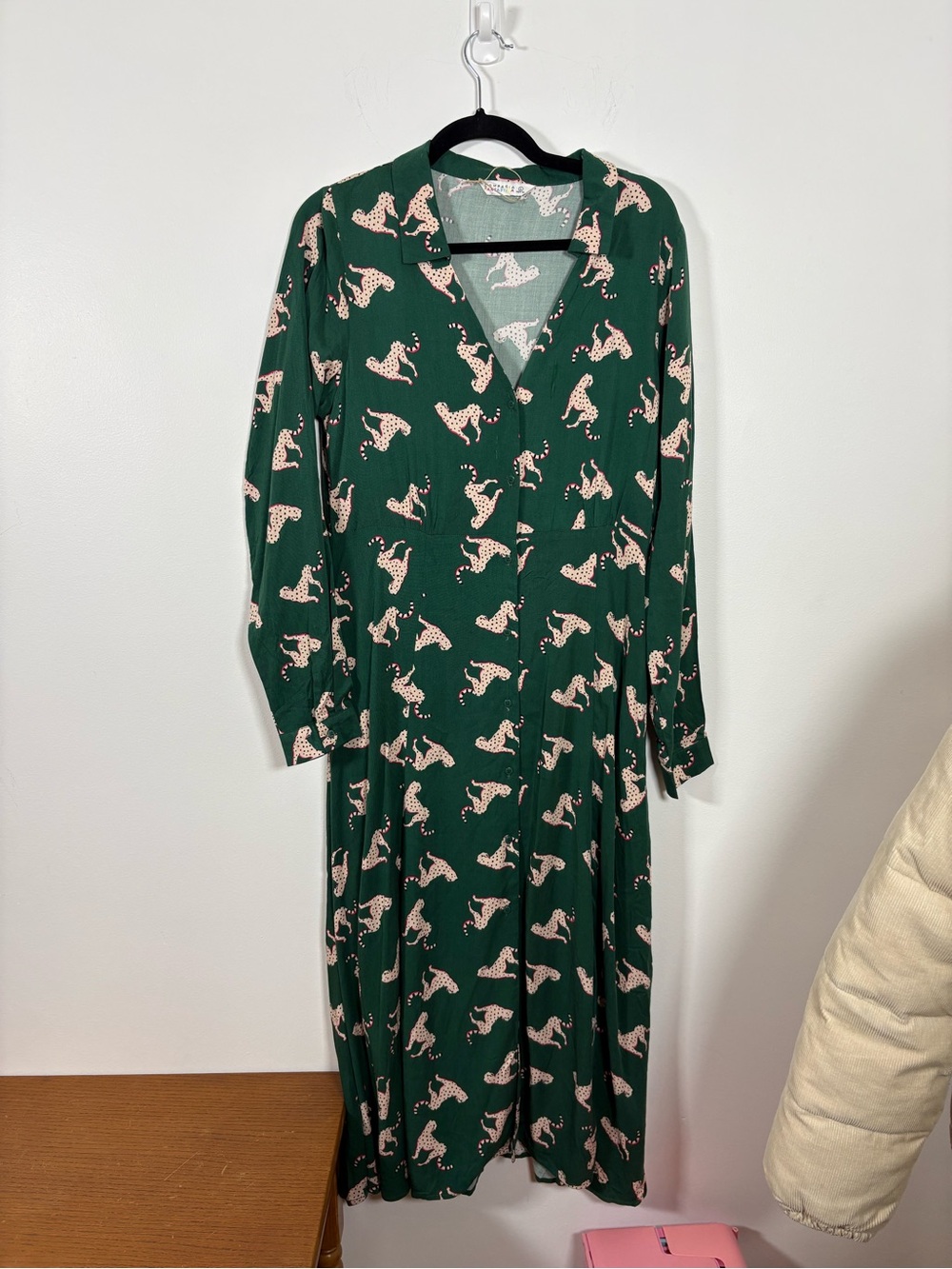 Women's Forest Green Long Sleeve Button-Front Dress with Pink Print